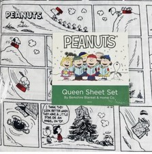 PEANUTS Christmas Holiday White Queen Size Sheet Set Snoopy Woodstock Comics NEW