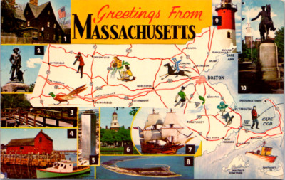 Vintage Postcard Greetings From Massachusetts Illustrated Map Landmarks
