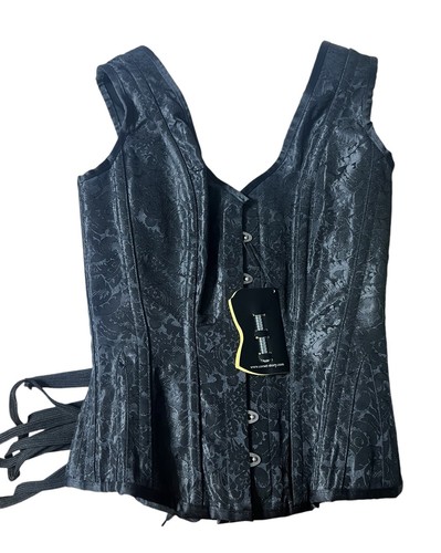 NWT Corset Story Corset Womens Size 28 Black Lace Floral Print Boned