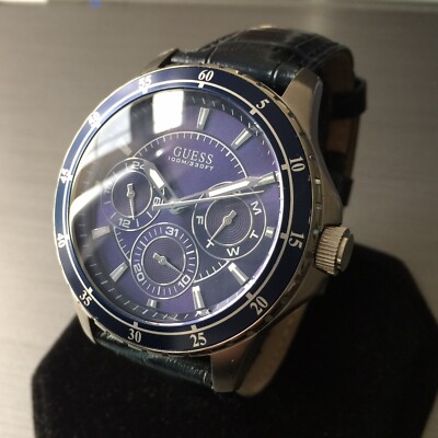 Herren Guess Designer Uhr LONGITUDE W0671G1 Blau Stahl Leder