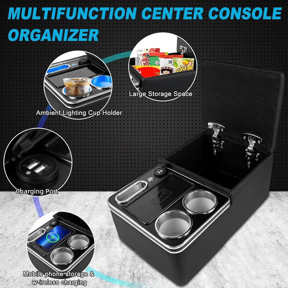 LED Centre Console Armrest Storage Box Wireless/USB Charge rear seat  Organiser