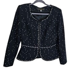 Fitted Tweed Boucle Peplum Blazer Jacket Tailored Black Polka Dot Careerwear
