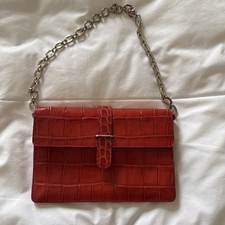 Furla red croc-embossed genuine leather bag with a silver chain shoulder strap