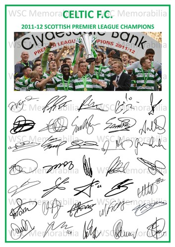 12835. 2011-12 Glasgow Celtic Signed Team Photo Sheet PRINTED AUTOS SPL Win