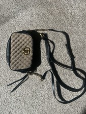 Gucci GG Quilted Crossbody Bag Beige/Black Gold Hardware Zip Logo Accent