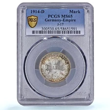 Germany Empire 1 mark Wilhelm II Type 2 J-17 KM-14 MS 65 PCGS silver coin 1914