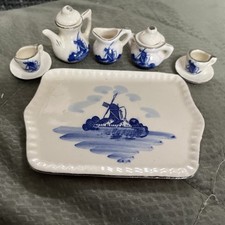 Vtg Porcelain Childrens Tea Set Dutch Windmill Teapot Cups Saucers Delft 10pcs