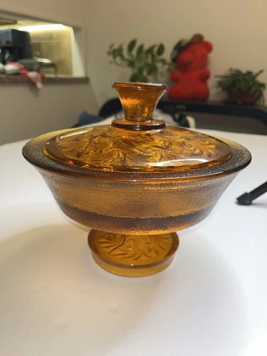 Vintage Le Smith Sand Scroll Gold Amber Candy Bowl With Lid