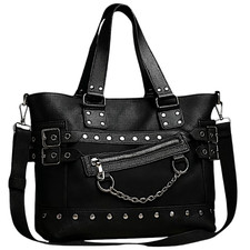 Black Punk Gothic Tote Bag with Chains  Studs   Edgy Shoulder Handbag