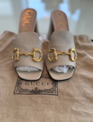 Gucci Horsebit Leather Mule Heels Beige Slide Sandals Gold Hardware EU 37 Italy