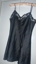 Vtg Victoria's Secret Black Satin Chemise Slip Sz Medium Nightie Lace Trim 90s
