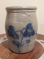 Vintage 1984 Rowe Pottery Works Salt Glazed Cobalt Flowers Utensil Jar Crock