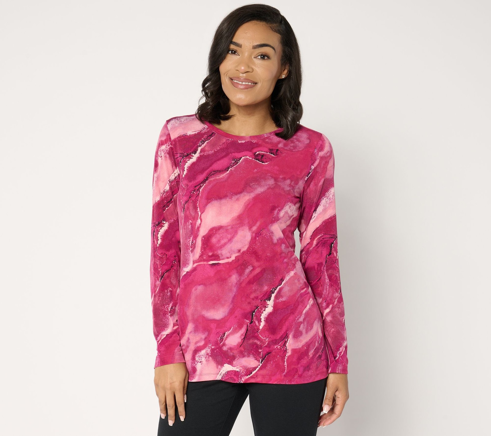 Susan Graver Women's Top Sz S Printed Liquid Knit Long Sleeve Crew Pink A554250