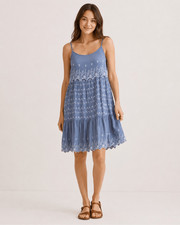 American Eagle Medium Blue Embroidered Tiered Boho Coastal Knee Length Dress #12