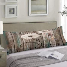 Rustic Floral Body Pillow Cover Farmhouse Daisy Flower with Butterfly on Vintage