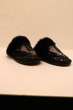 True Religion Women's Size M 6.5-7.5 black Sequin Faux Fur Logo Slippers Mule