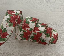 5 YARDS CHRISTMAS POINSETTIA PRINT WIRED RIBBON 1.5  WIDE