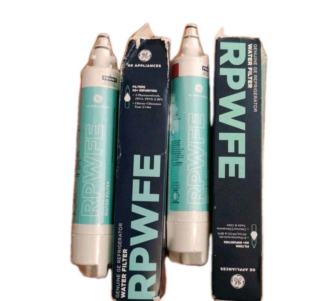 (2) GE RPWFE Refrigerator Water Filters Genuine OEM w/Chip Sealed Damaged Box