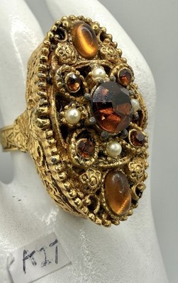 Vintage Gold Tone Adjustable Poison Ring Hinged Pill Box Amber Rhinestone Pearl