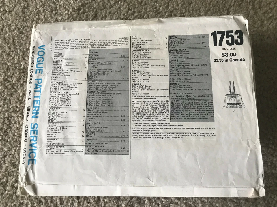WOMENS CRAFTS UNCUT VOGUE SEWING PATTERNS 1753 APRON HANGER COVER PILLOW SACHET - Image 2 of 4