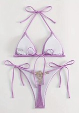 PURPLE RHINESTONE THONG BIKINI SET