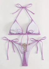 PURPLE RHINESTONE THONG BIKINI SET