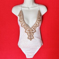 BLUE LIFE Embroidered Backless One Piece Swimsuit White Size M