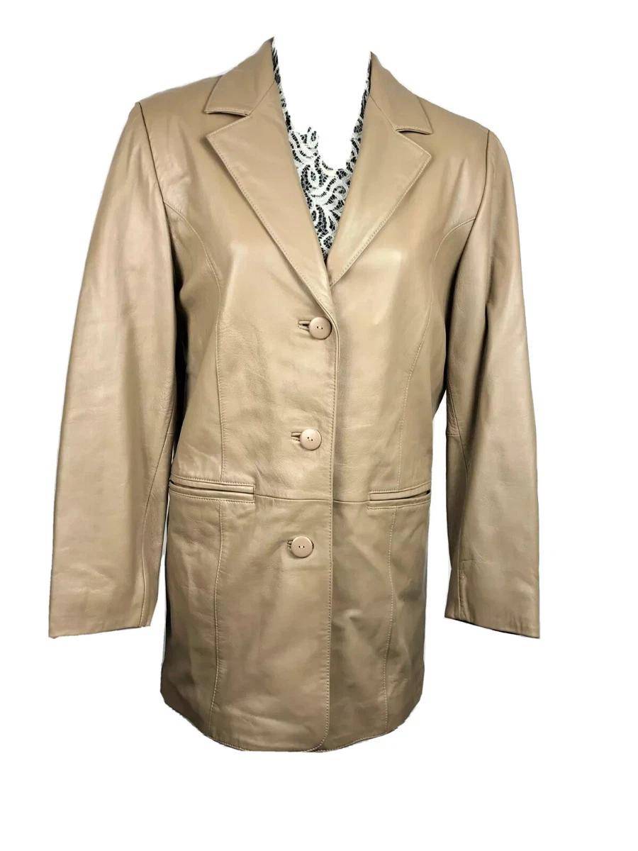 Pamela McCoy Women s Beige Genuine Leather long Jacket coat size S Small 1085