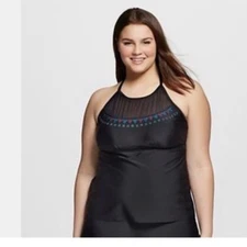 Women's Plus Size  Sequin Heart & Harmony swim wear Top Tankini black 1X 2X