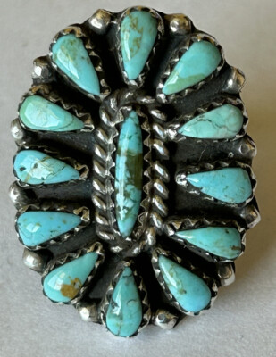 Signed Zuni Sterling Silver Turquoise Cluster Petit Point Ring Size 6