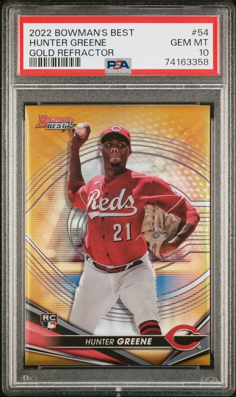 2022 Bowman’s Best Hunter Greene Gold Refractor Rookie RC #/50 Reds PSA 10