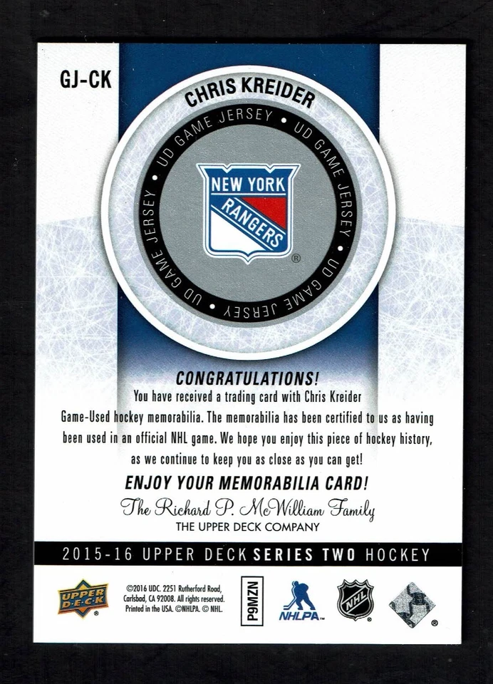 2015-16 Upper Deck Series 2 Chris Kreider  Game Jersey#GJ-CK New York Rangers - Image 2 of 2