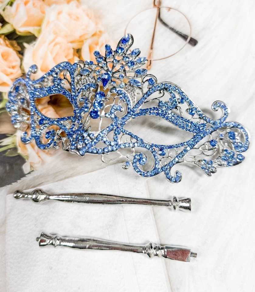 Blue Crystal Masquerade Mask with Stick, Silver Masquerade Mask, Venetian Mask - Image 3 of 4