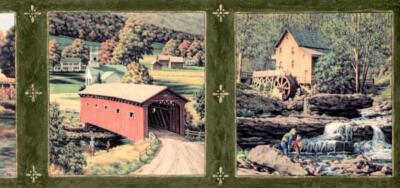 Country Autumn Scene Antique Water mills Covered Bridge Fishing Wallpaper Border