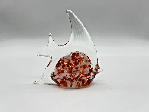 Vintage Murano Style Blown Glass Art Glass Red & White Angel Fish Paperweight