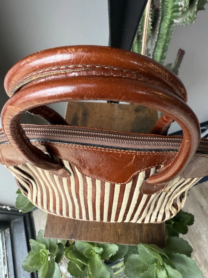 Cartera Cartera Carla Marchi vintage hecha en Italia de cuero marrón y lona a rayas Foto 3 de 4