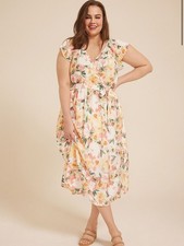 Maurices Cool Crepe Floral Flutter Sleeve Wrap Midi Dress Floral Pink Plus Sz 1X