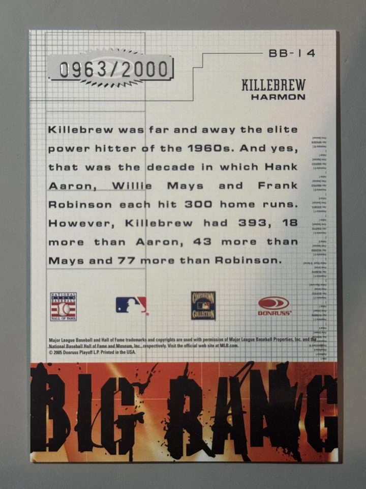 Harmon Killebrew 2005 Donruss Leather Lumber Big Bang /2000 Twins SP #BB-14 - Image 2 of 2