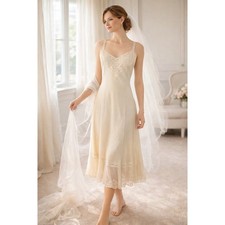 VTG Rodgers Ivory Nylon Slip Dress 34 Lace Trim Pleated Hem Bridal Fairycore