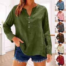 Women Summer Button Linen Cotton Blouse Tee Shirts Casual Loose Long Sleeve Tops
