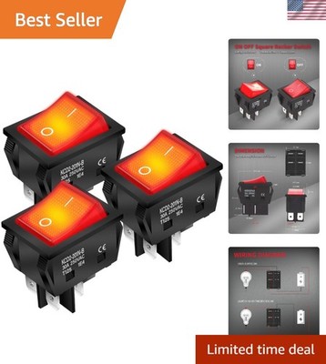 30A 250V Rocker Switch DPST 4 Pin Red Lighted 120V Rocker Toggle Switch ON Of...