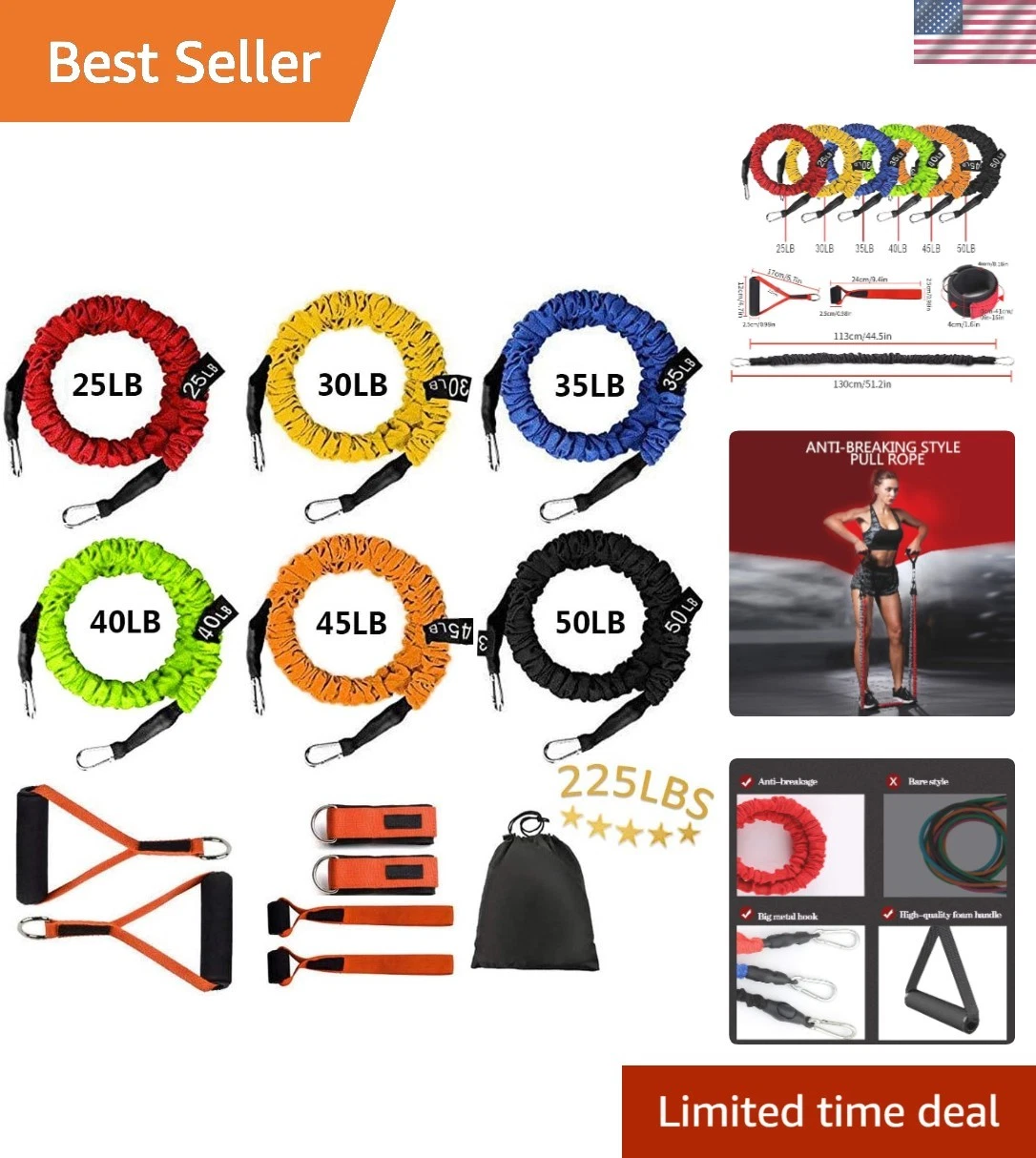 Multi-Use Resistance Bands with Cushioned Handles & Ankle Straps - 225LB Max