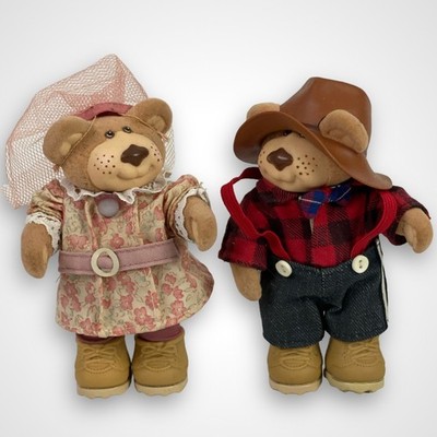 Vintage 1980's Furskins Teddy Bears Toys Set of Two 6'' Boy Plaid Girl Pink Dress