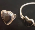 Vtg Black Onyx Heart 925 Bracelet & Ring Lot Sterling Silver Estate Set