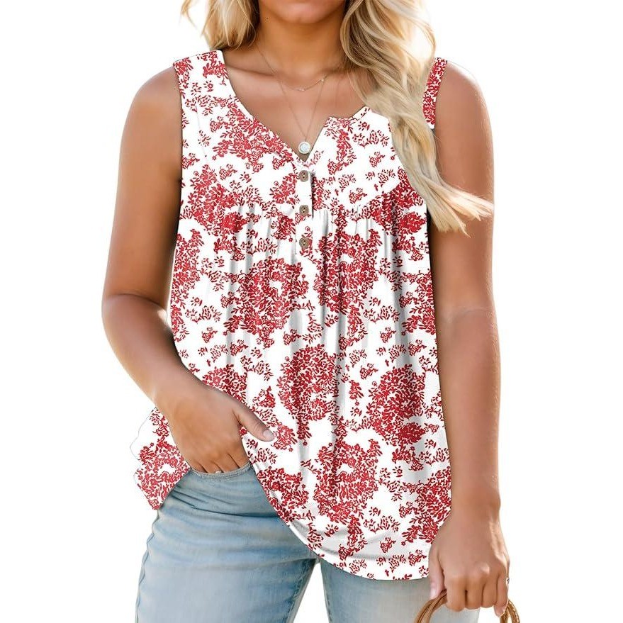 ROSRISS Women's 28W Henley Sleeveless Shirt Summer Casual Top Buttons Tee