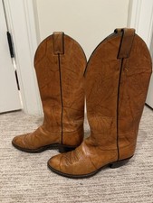VTG Justin Tan Leather Cowboy Western Boots With Piping Floral Design Size 6.5