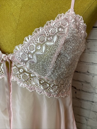 Frilly Pink Nightie Babydoll Negligee Set Medium Satin Ribbons Chiffon Sheer - Picture 5 of 23