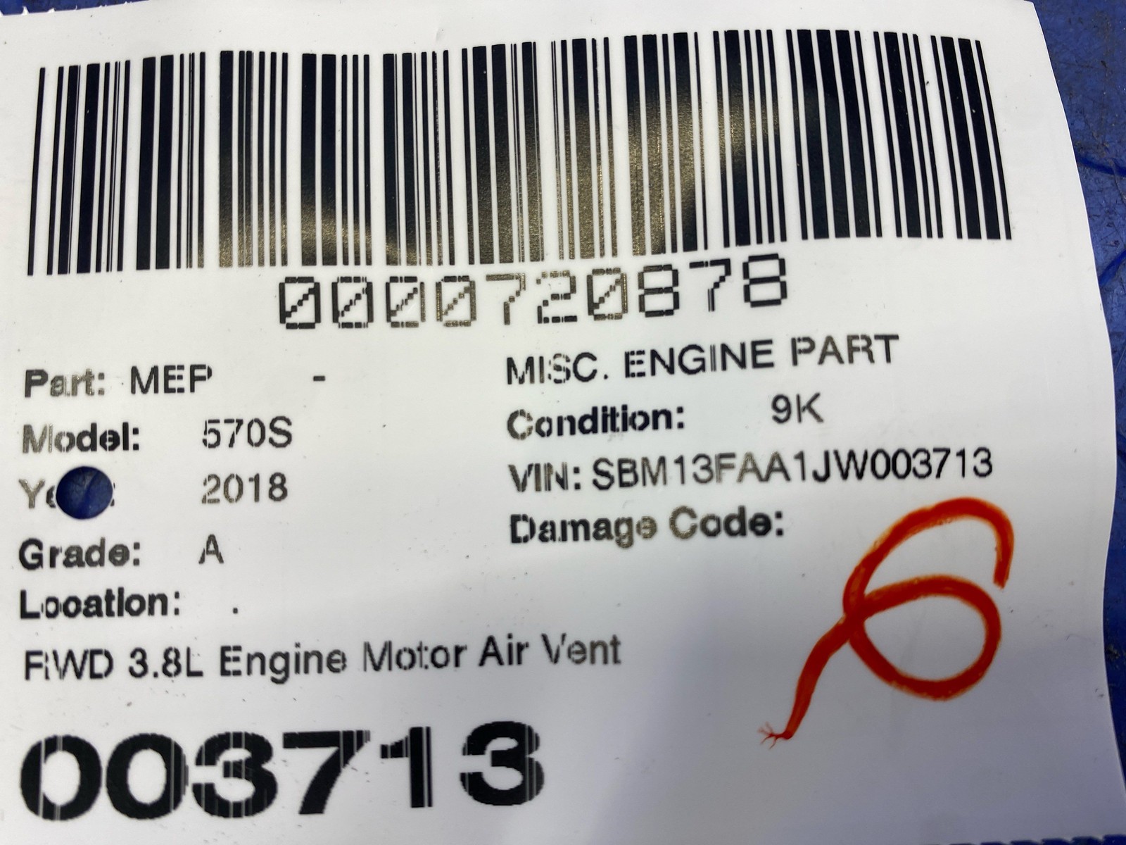 2016-2021 Mclaren 570s RWD 3.8L Engine Motor Air Ventilation Valve 13F0839CP oem