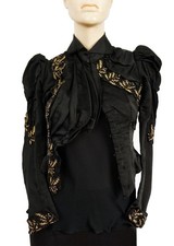 Antique VICTORIAN Beaded Black Silk Mourning Jacket Mutton Sleeves Ornate Goth