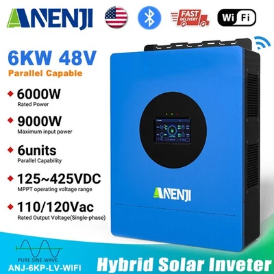 ANENJI 6KW 48V Hybrid Solar Inverter 110V 120Vac Off-Grid 500V MPPT Parallel BT Wifi